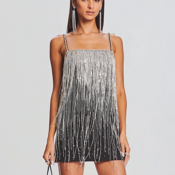 RETROFETE Juliette Embellished Crystal Fringe Black Silver Mini Dress - MEDIUM - Picture 1 of 14